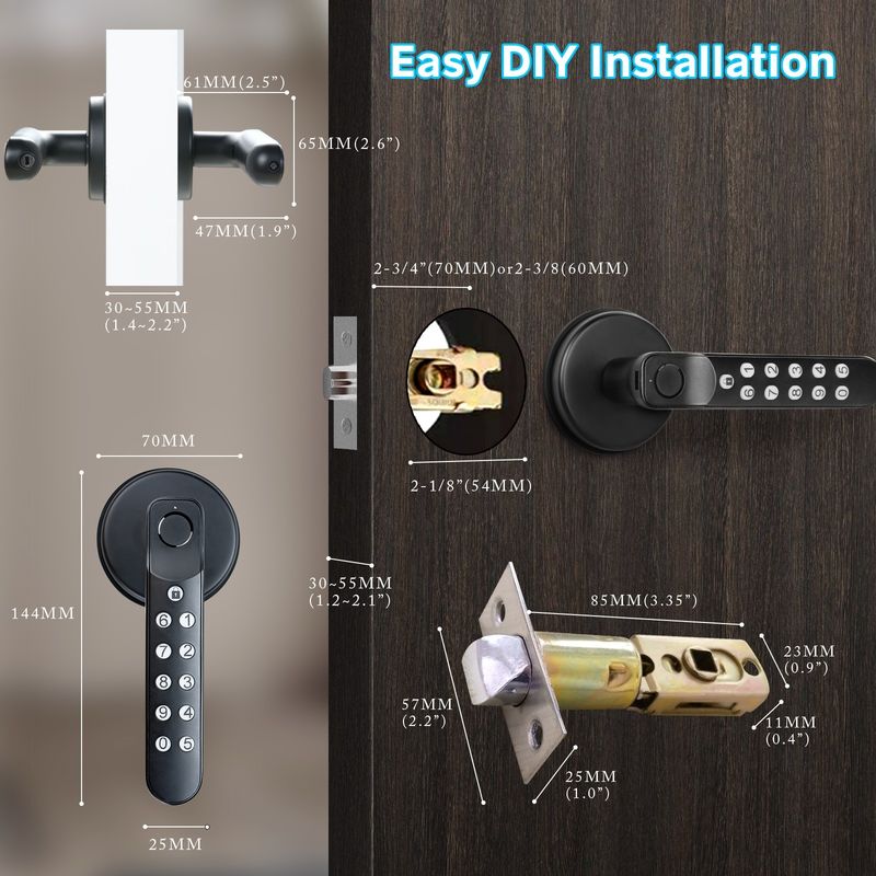 Backup Key, T02 Smart Fingerprint Door Knob, Keyless Entry Door Locks With Keypads, Smart Door Lock On Tuya App