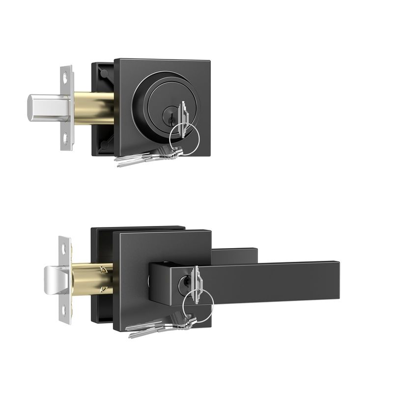 FKD-1-1B Exterior Door Lock Set, Front Door Lock Set With Deadbolt, Passage Square Exterior Door Handle With Deadbolt