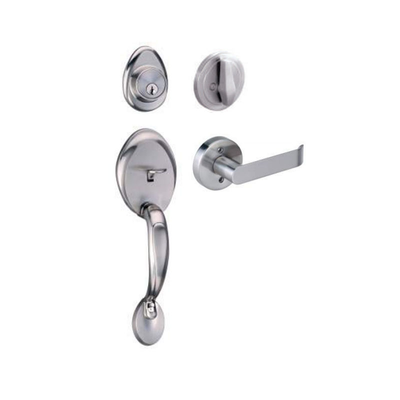 Satin Nickel Exterior Door Handleset Passage Door Handle, Single Cylinder Keyed Entry Handleset With Latitude Lever